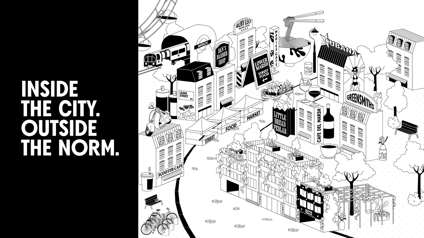 Black-and-white illustration of a lively urban neighbourhood with shops, cafés, and people; text reads Inside the city. Outside the norm. on the left side.