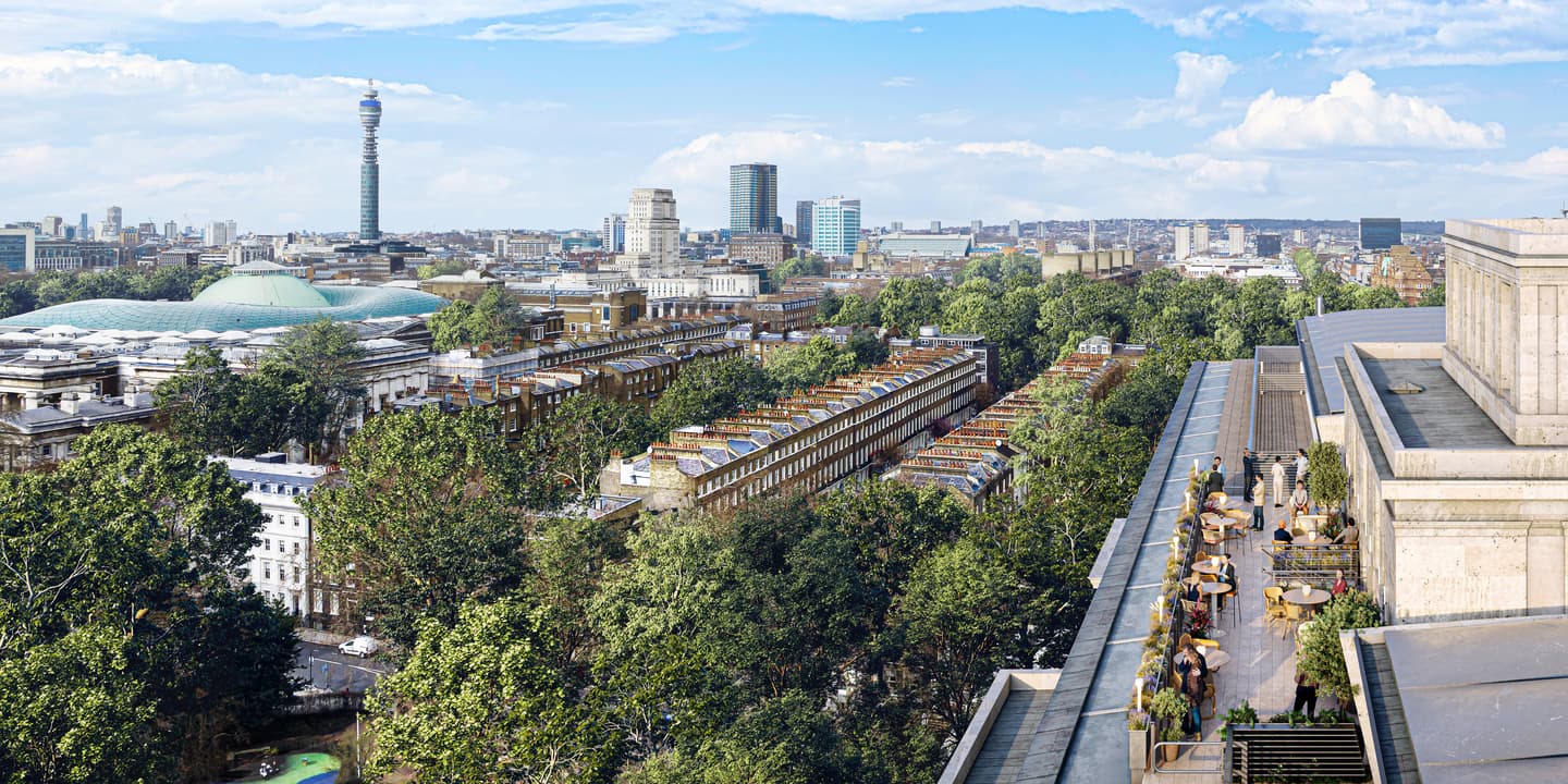 A cityscape view over London with the British Museum, BT Tower, tree-lined streets, and people seated on a rooftop terrace in the foreground.