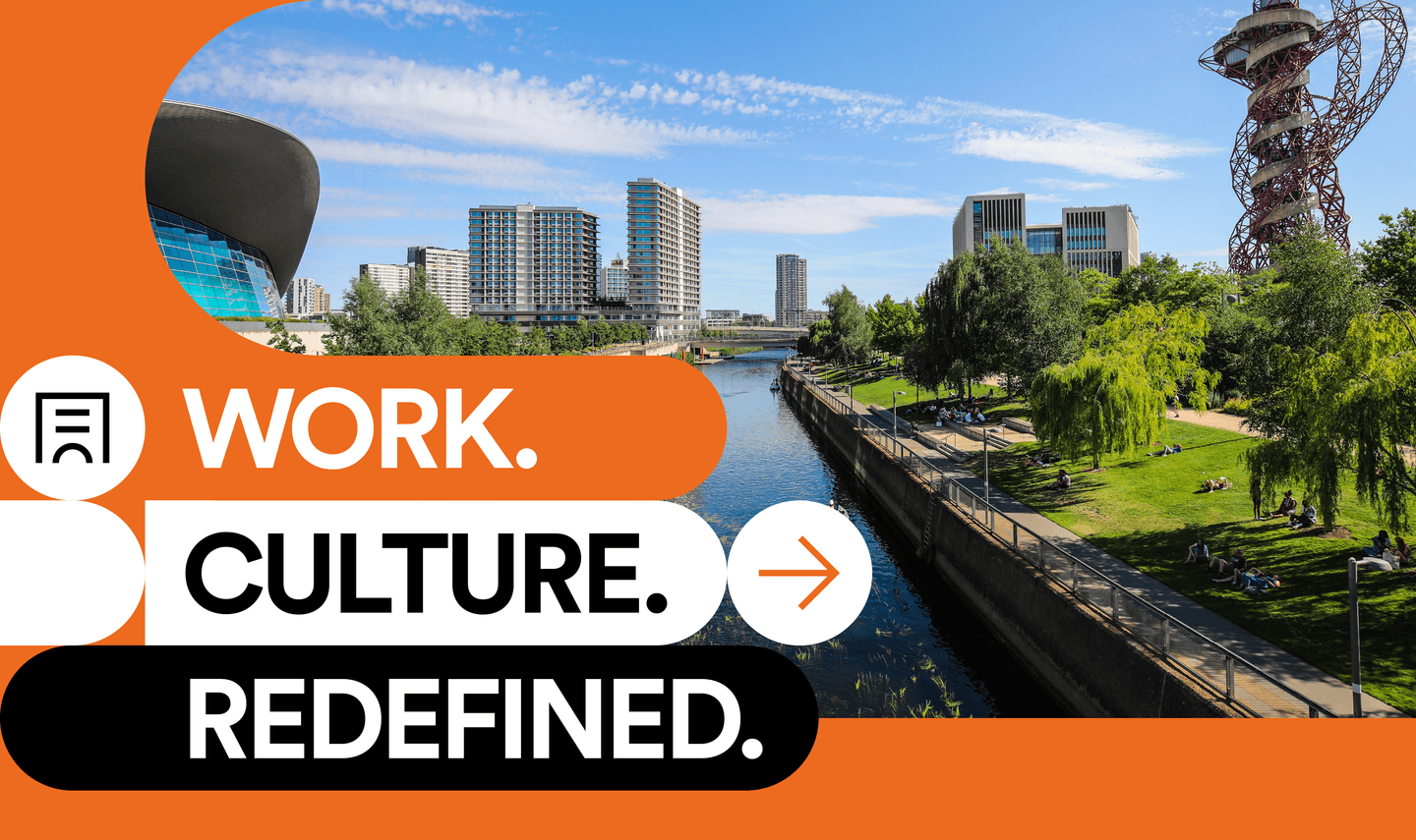 Riverside park and modern buildings under a blue sky, with bold text reading WORK. CULTURE. REDEFINED. on an orange and white graphic overlay.