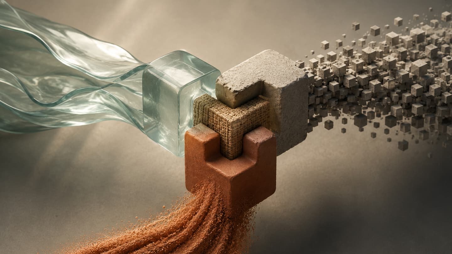 Abstract image showing four interlocking blocks made of glass, wood, concrete, and clay, each transforming into particles or waves that blend into the next material.