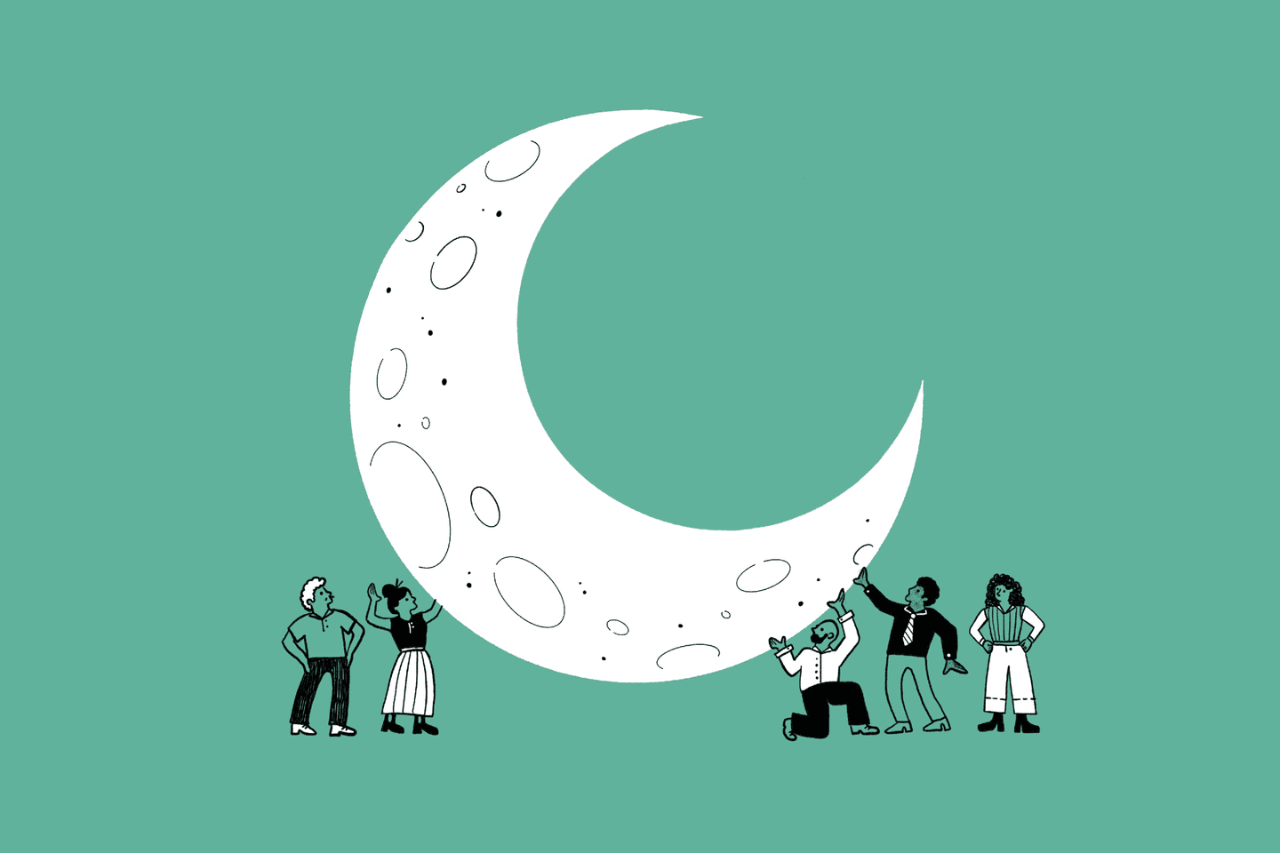 Five illustrated people stand around and interact with a large crescent moon on a green background.