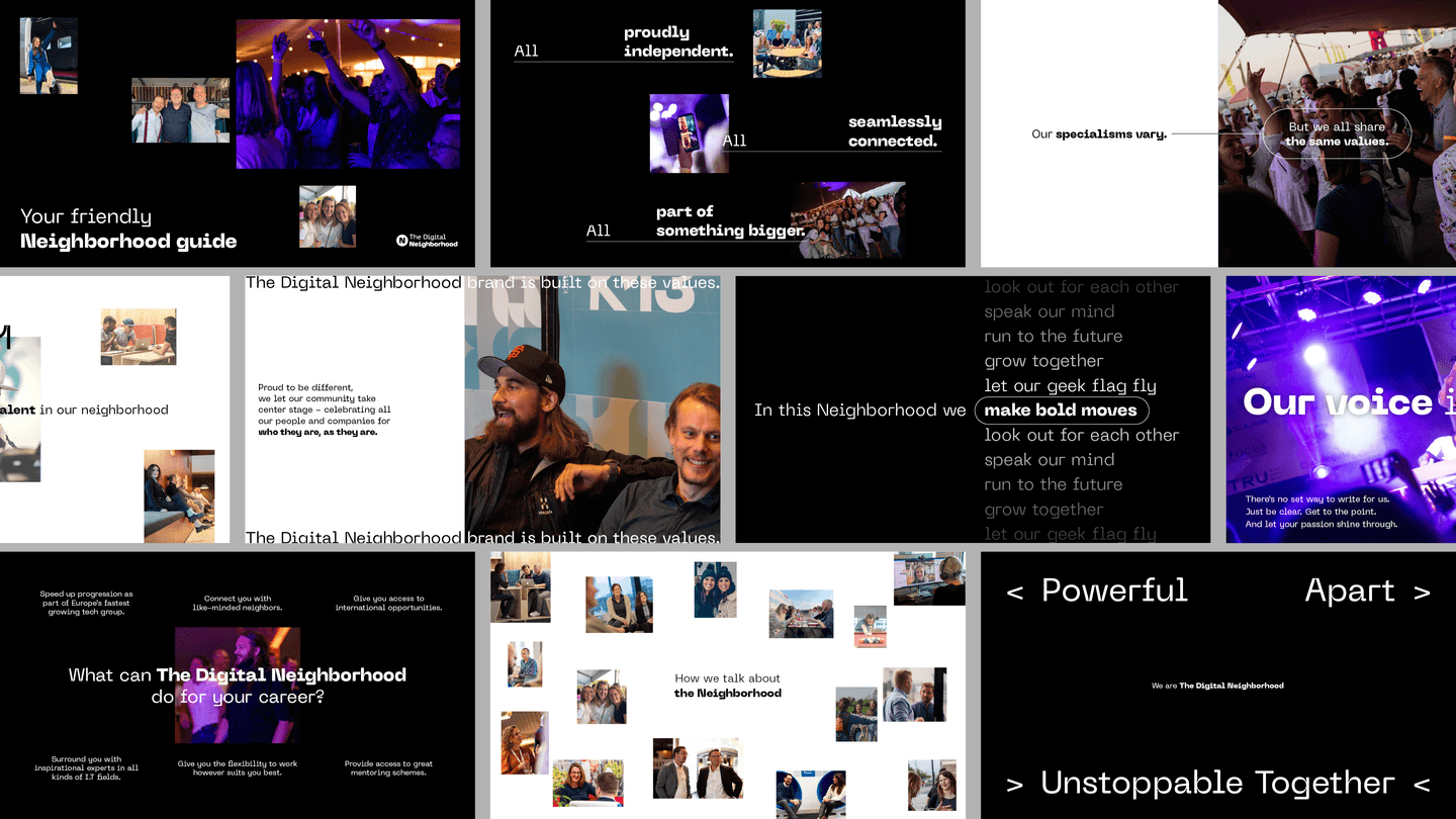 A collage of slides featuring text and photos of people at events, promoting a digital neighbourhood and highlighting themes of community, careers, and togetherness.
