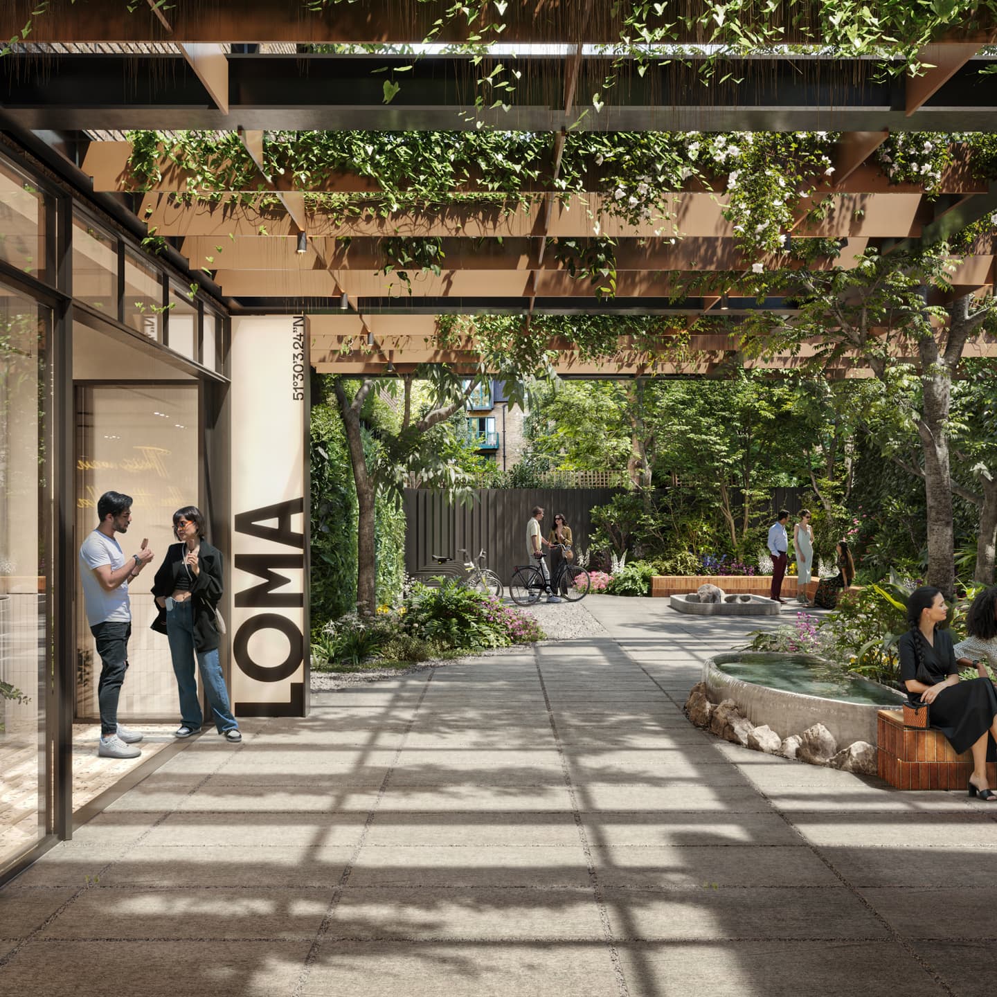 Outdoor courtyard with people walking and sitting, lush greenery, a fountain, and a pergola casting shadows; a sign reads LOMA beside a glass-walled building entrance.
