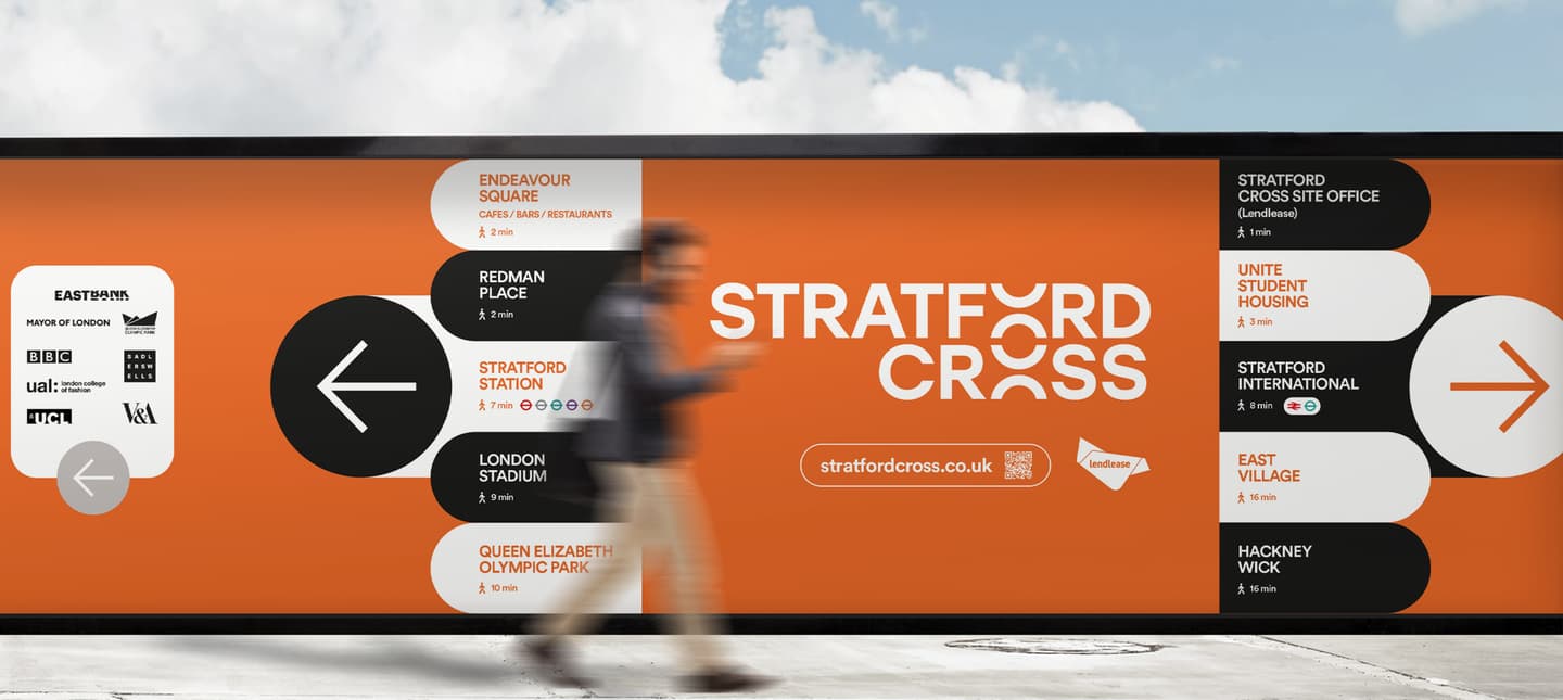 A person walks past an orange and black Stratford Cross directional sign, listing nearby locations and site information against a cloudy sky background.