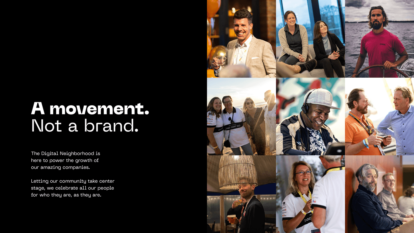 Nine candid photos of diverse people smiling, talking, and interacting, alongside text stating, “A movement. Not a brand,” on a black background.