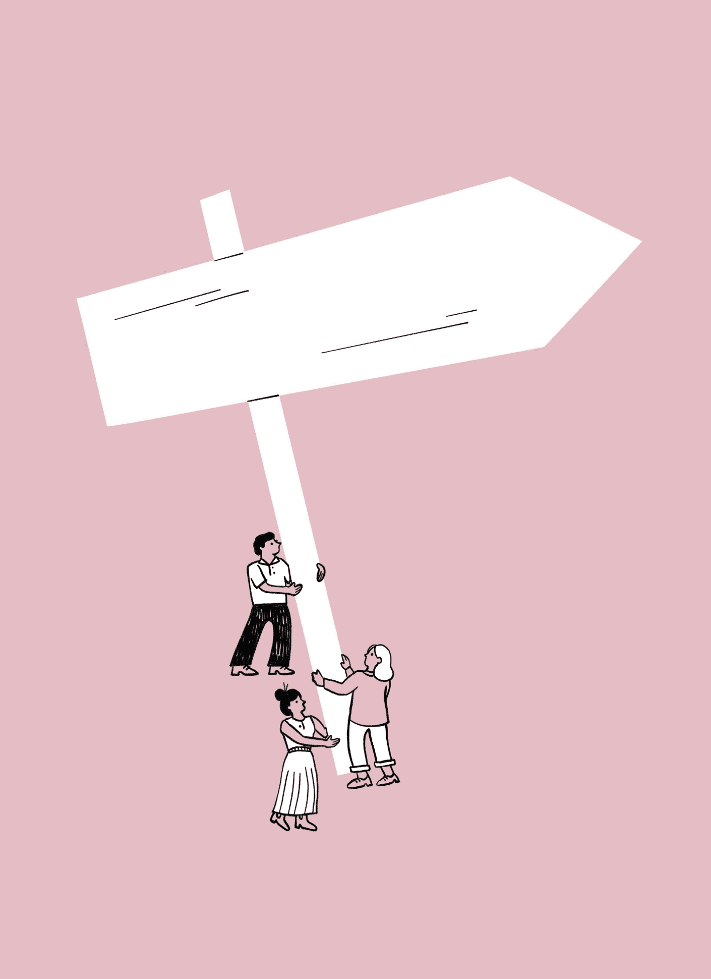 Three illustrated people work together to hold up a large, blank directional sign against a plain pink background.