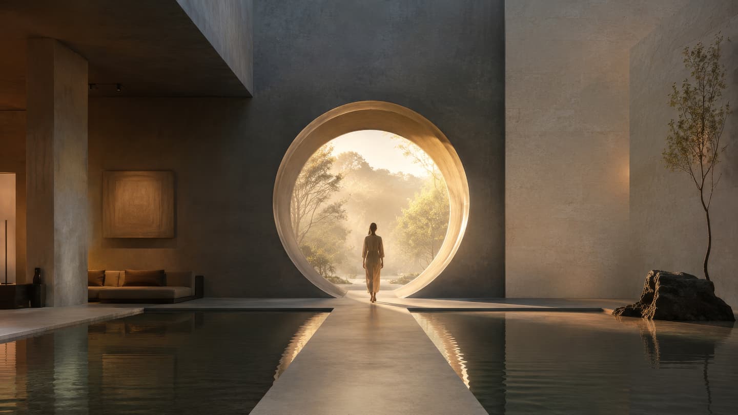 A person walks towards a large circular opening in a modern building, with water on each side and sunlight shining through trees outside.