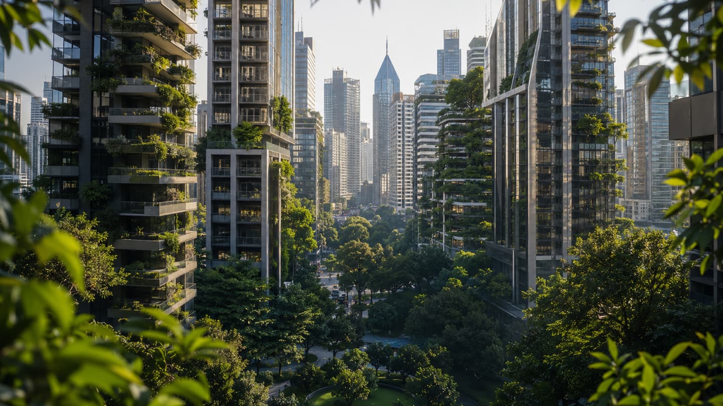 A cityscape featuring tall modern buildings with abundant greenery, trees, and plants integrated into the architecture and surrounding areas, viewed from between two buildings.