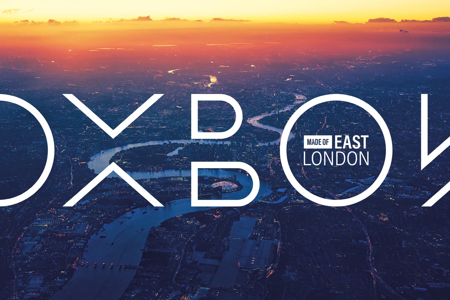 Aerial view of London at sunset with large white text overlaid reading MADE OF EAST LONDON.