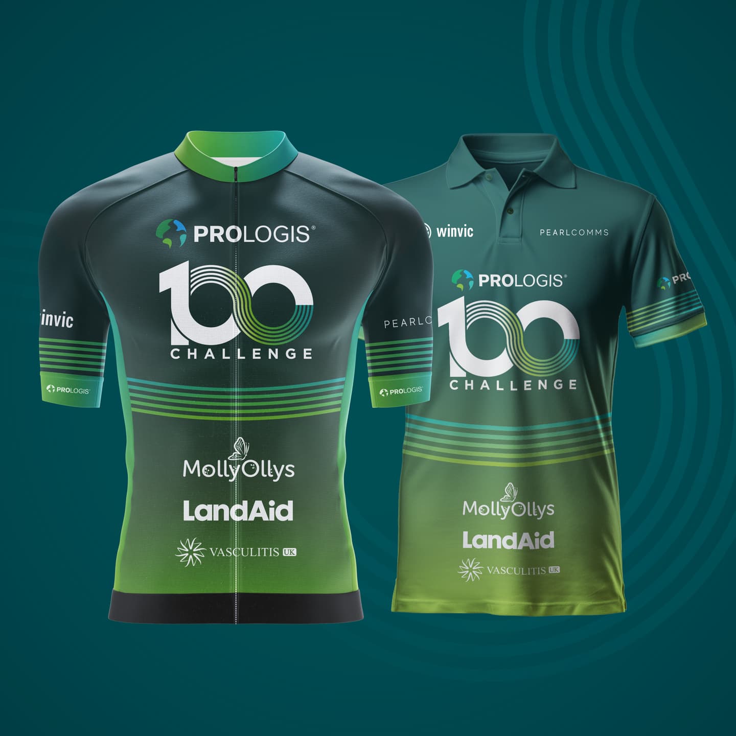 Two green and black cycling jerseys with Prologis 100 Challenge and sponsor logos, displayed on a teal background with wavy lines.