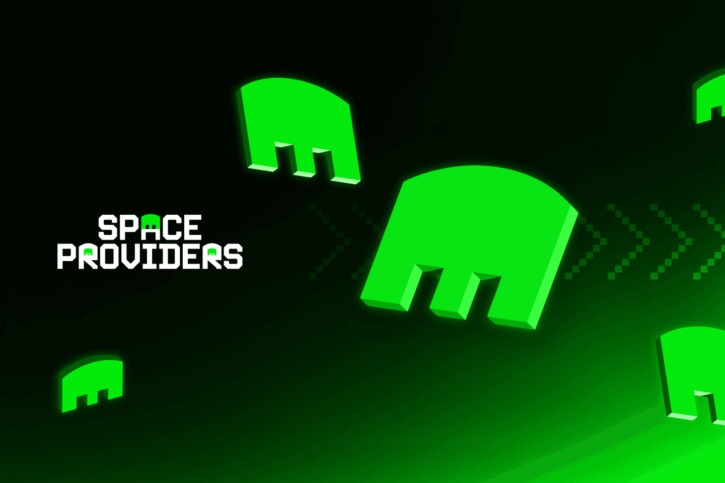 A digital graphic with the words Space Providers and several large, stylised green shapes on a dark green background.