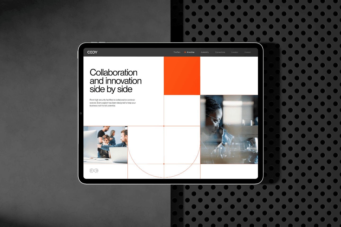 A tablet displays a website with the text “Collaboration and innovation side by side, abstract red and white graphics, and photos of people working. The tablet is on a two-tone, dotted background.