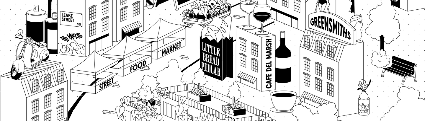 Black-and-white illustration of a lively city street featuring markets, cafés, a food fair, crowds of people, signs, wine bottles, and trees.