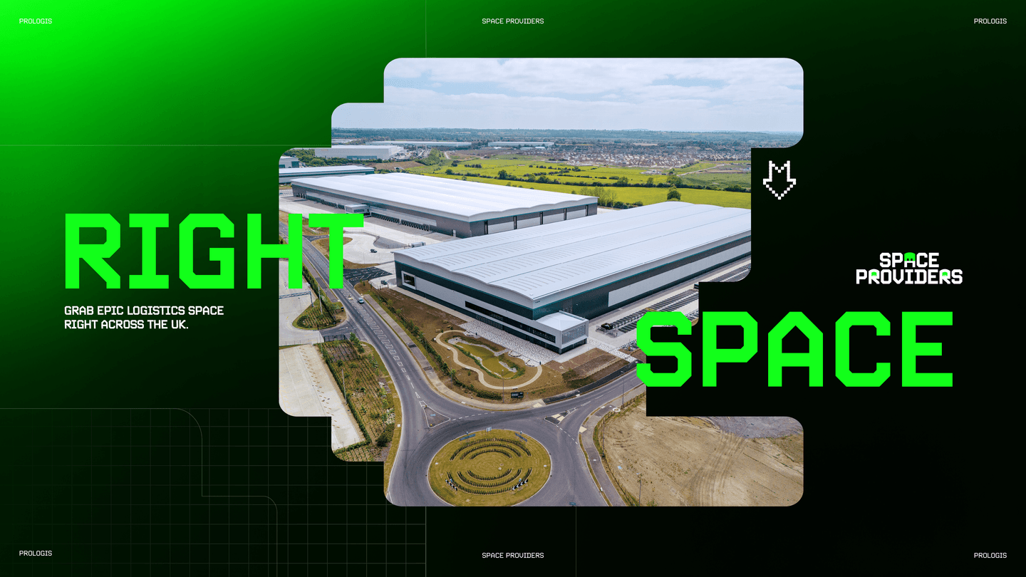 Aerial view of large warehouse buildings surrounded by roads and greenery, with bright green text overlay reading Right Space and Space Providers.