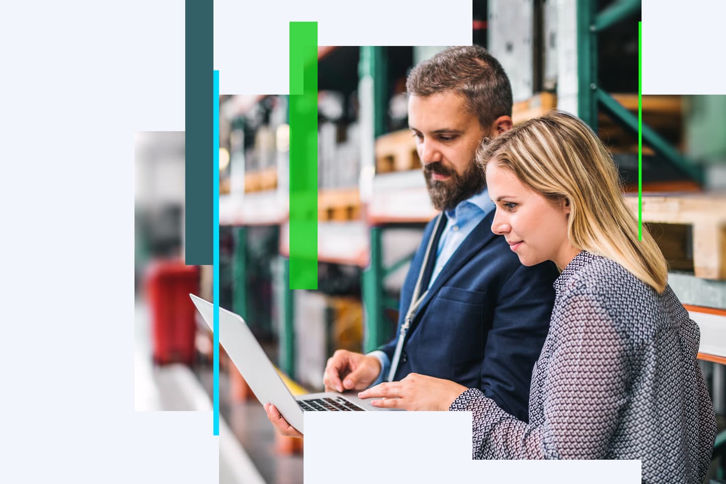 Two people in business attire look at a laptop in a warehouse, standing next to industrial shelves filled with boxes. Geometric shapes are overlaid on the image.